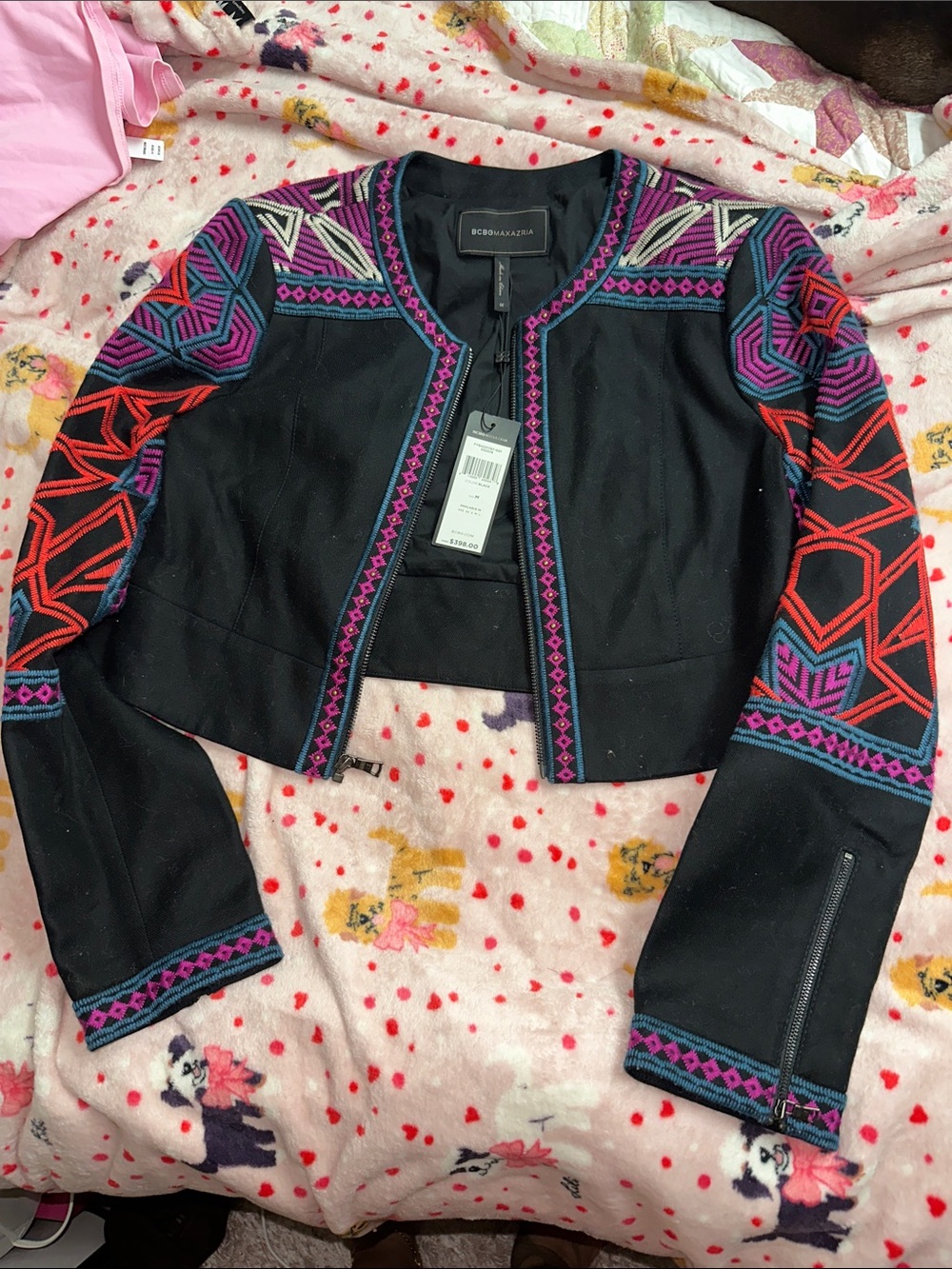 BCBGMaxAzria Black Cropped Embroidered Jacket with Pink & Red Accents